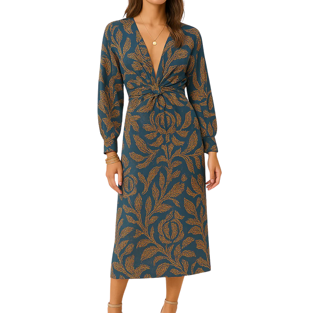 Women’s Twist Front Floral Midi Dress with V Neck and Long Sleeves