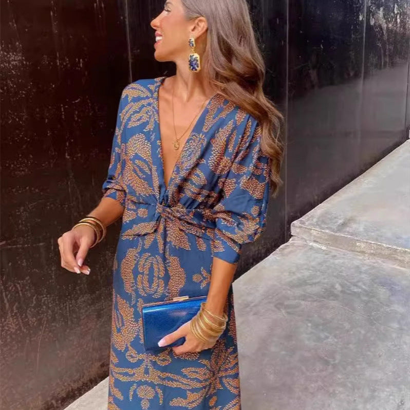 Women’s Twist Front Floral Midi Dress with V Neck and Long Sleeves