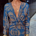 Women’s Twist Front Floral Midi Dress with V Neck and Long Sleeves