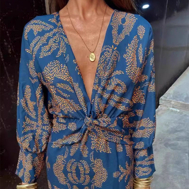 Women’s Twist Front Floral Midi Dress with V Neck and Long Sleeves