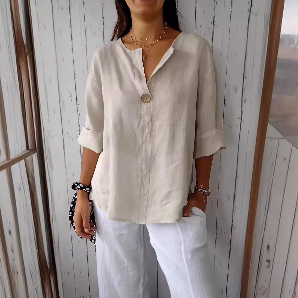 Women’s V-Neck Linen Blend Blouse