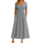 Women’s V-Neck Wrap Midi Dress with Pockets