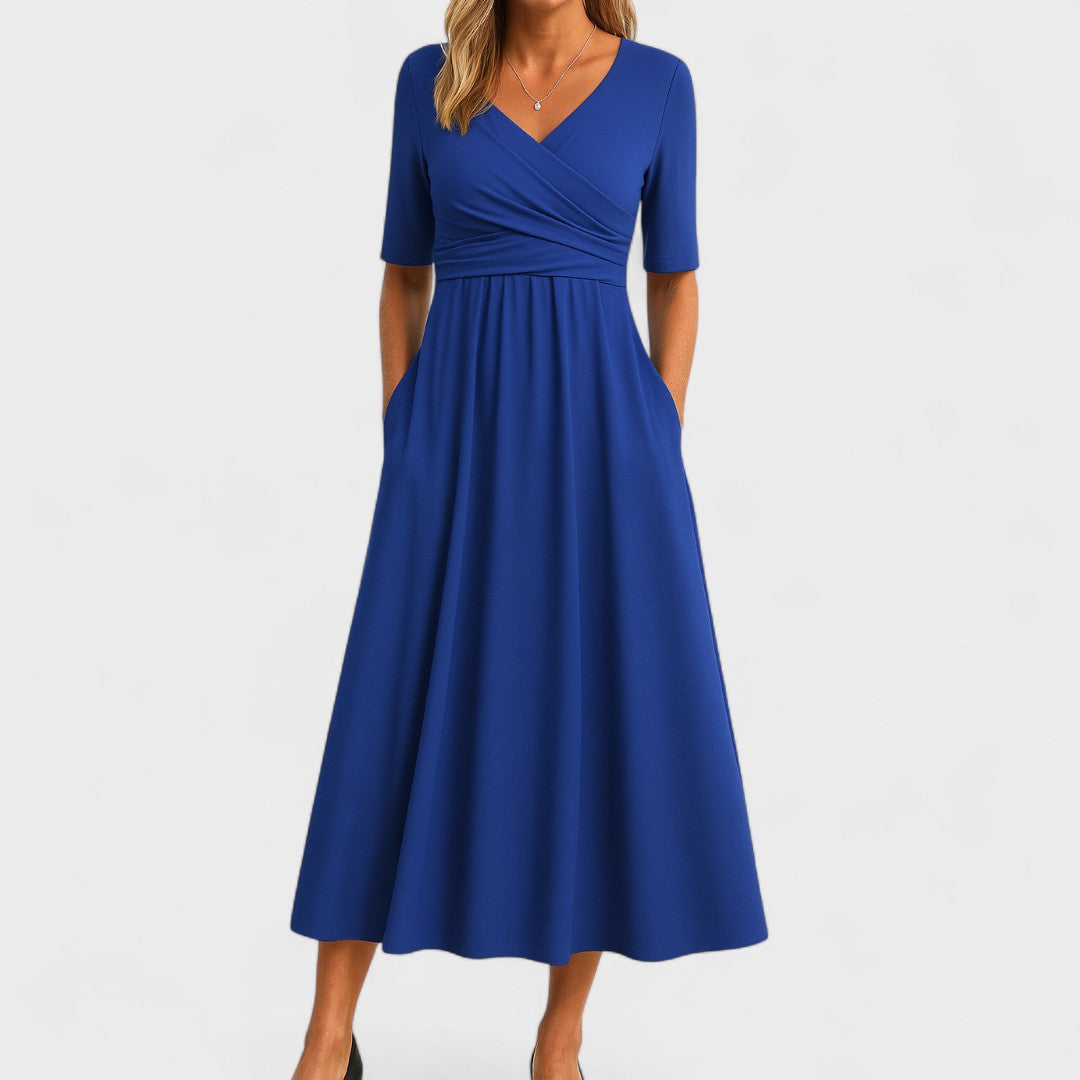 Women’s V-Neck Wrap Midi Dress with Pockets