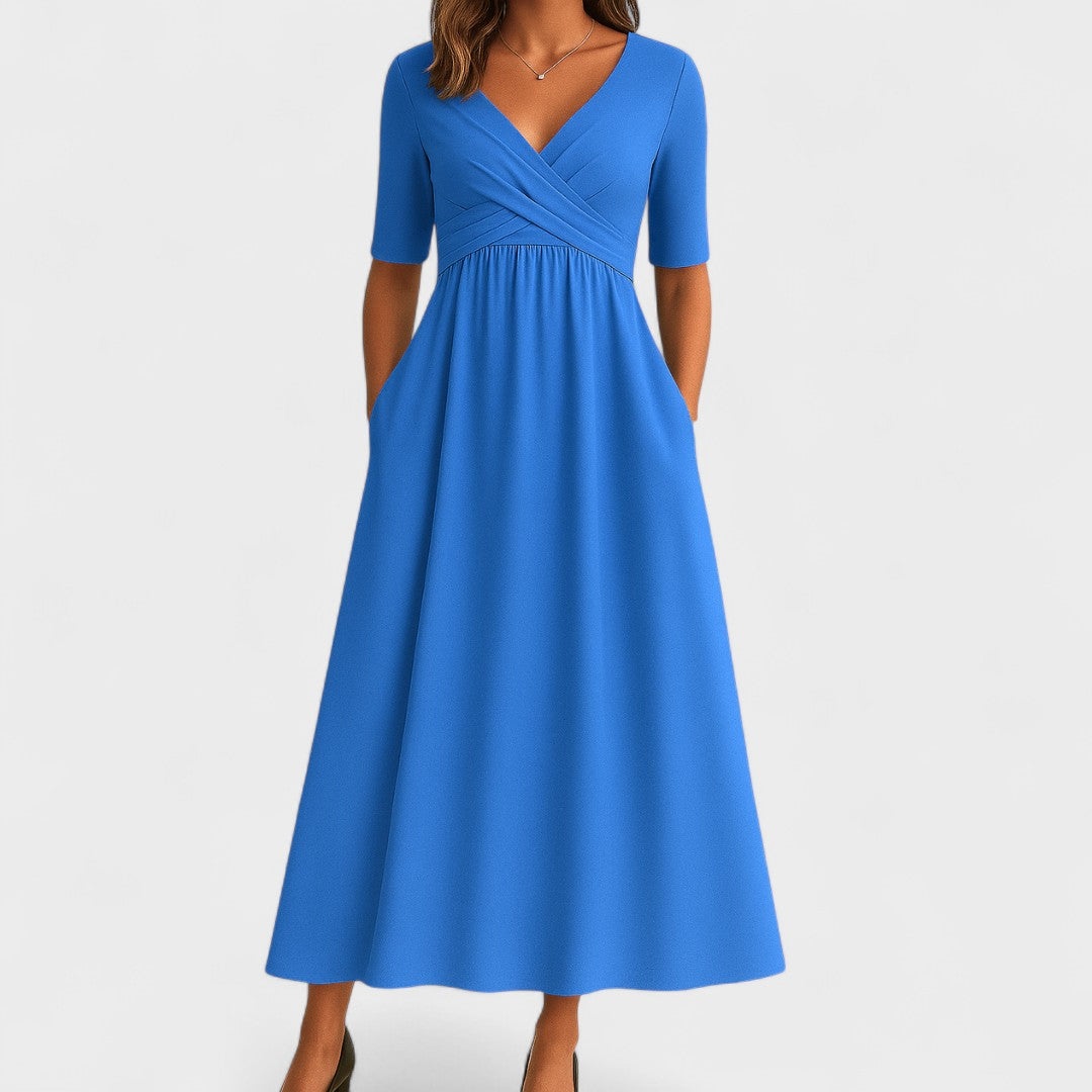 Women’s V-Neck Wrap Midi Dress with Pockets