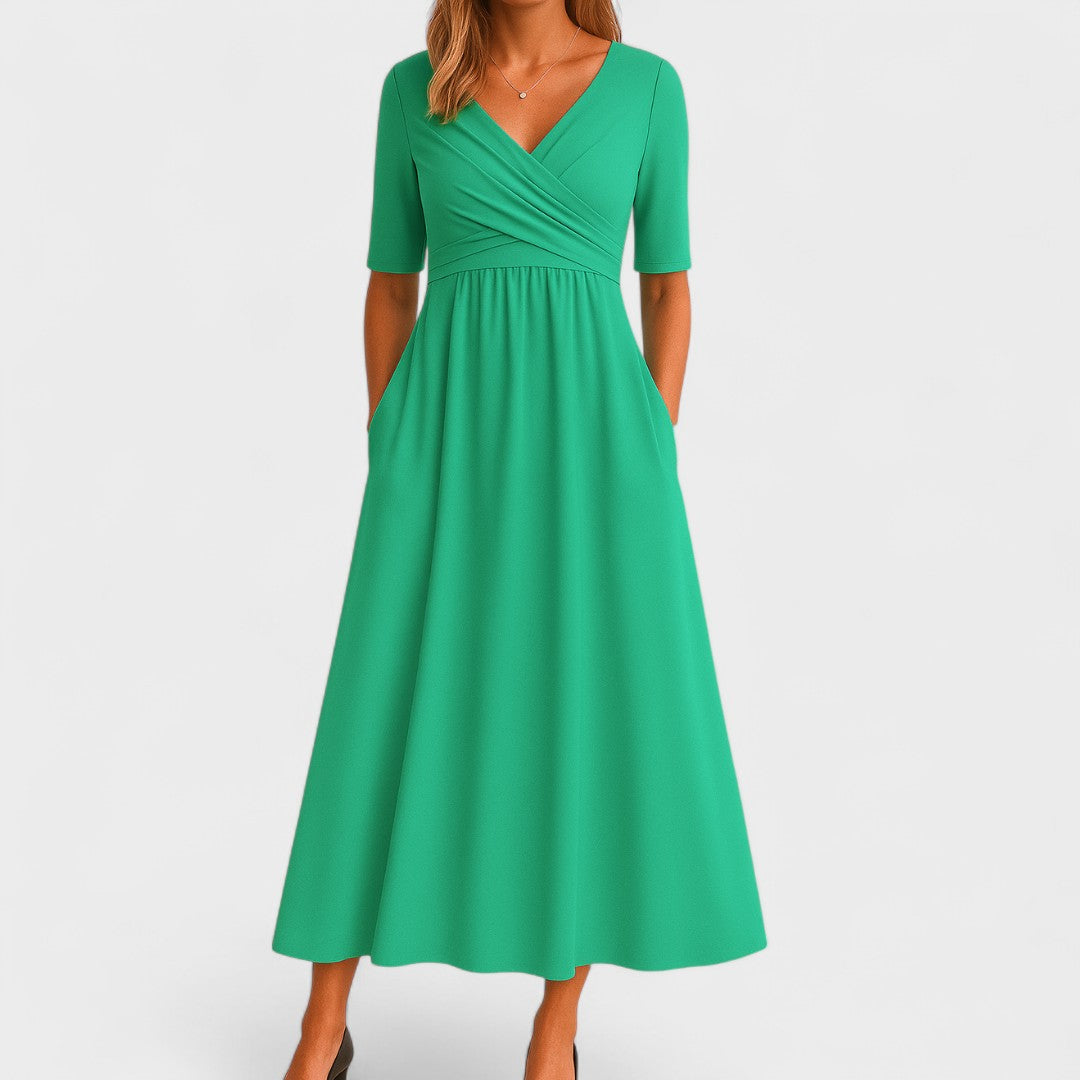 Women’s V-Neck Wrap Midi Dress with Pockets