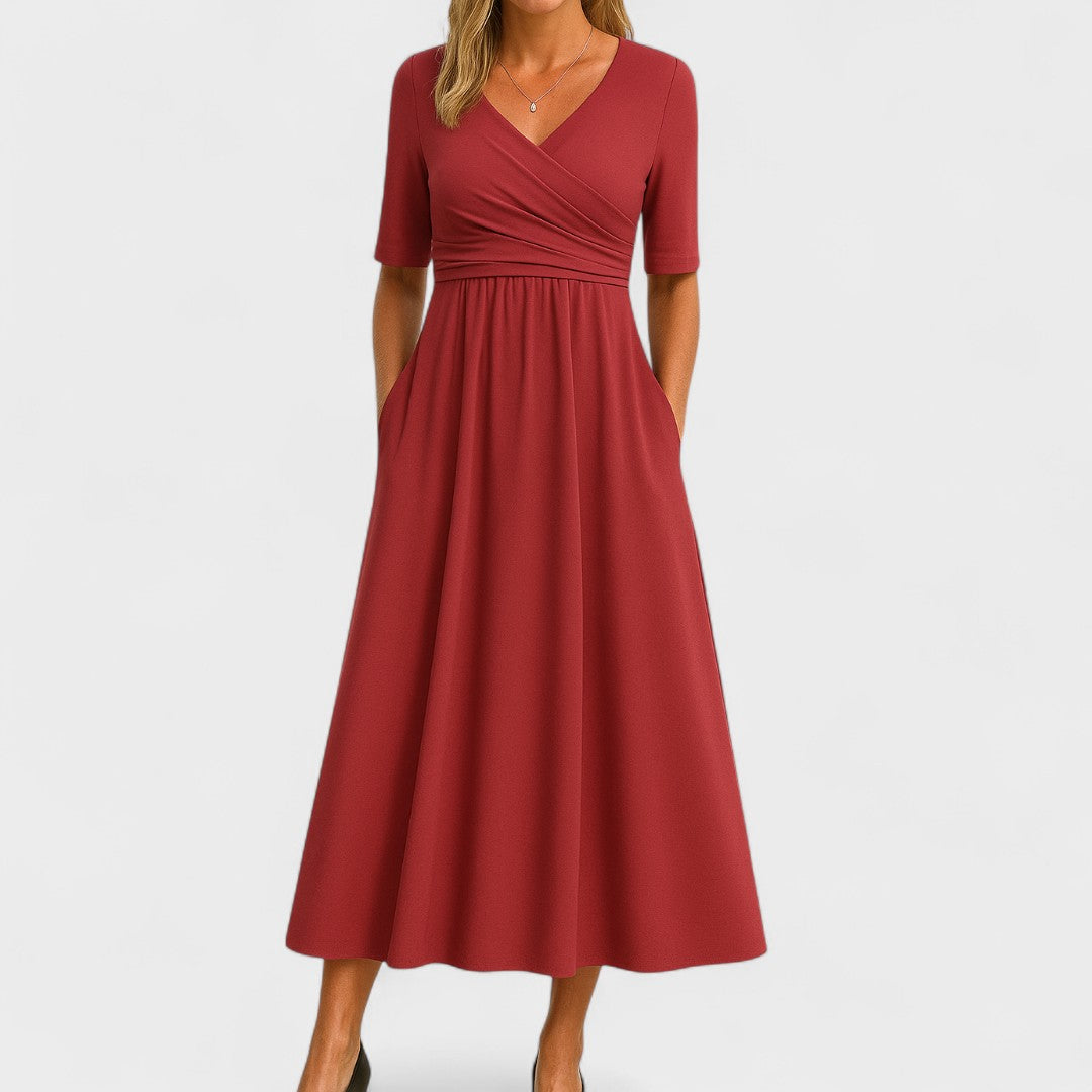 Women’s V-Neck Wrap Midi Dress with Pockets