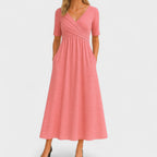 Women’s V-Neck Wrap Midi Dress with Pockets