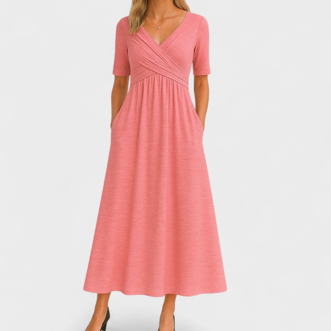 Women’s V-Neck Wrap Midi Dress with Pockets