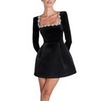 Women’s Velvet Long Sleeve Mini Dress with Embellished Square Neck