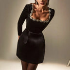 Women’s Velvet Long Sleeve Mini Dress with Embellished Square Neck