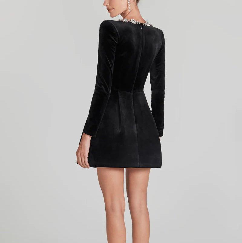 Women’s Velvet Long Sleeve Mini Dress with Embellished Square Neck