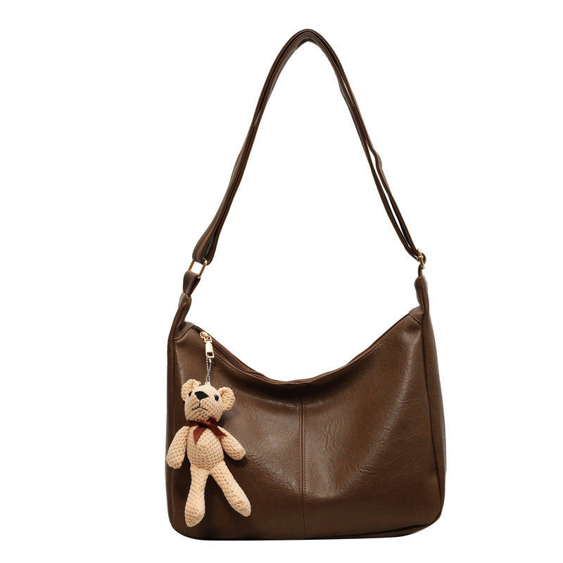 Women’s Vintage Large Shoulder Tote Bag with Bear Pendant