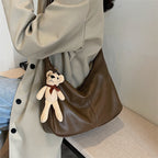 Women’s Vintage Large Shoulder Tote Bag with Bear Pendant