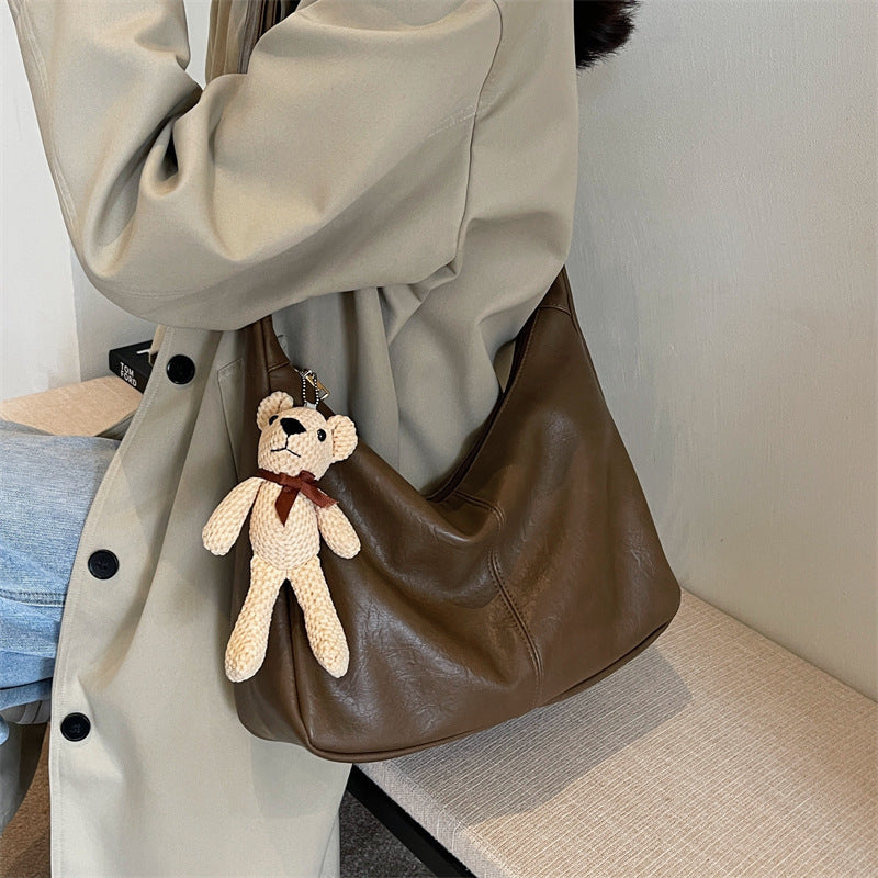 Women’s Vintage Large Shoulder Tote Bag with Bear Pendant