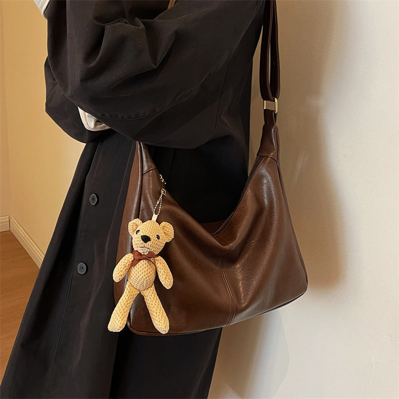 Women’s Vintage Large Shoulder Tote Bag with Bear Pendant