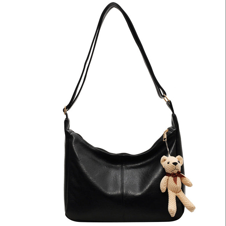 Women’s Vintage Large Shoulder Tote Bag with Bear Pendant