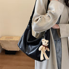 Women’s Vintage Large Shoulder Tote Bag with Bear Pendant