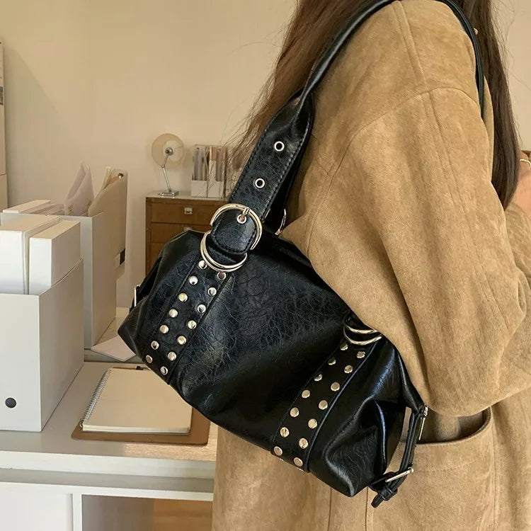 Women’s Vintage PU Leather Shoulder Bag with Stud Detail