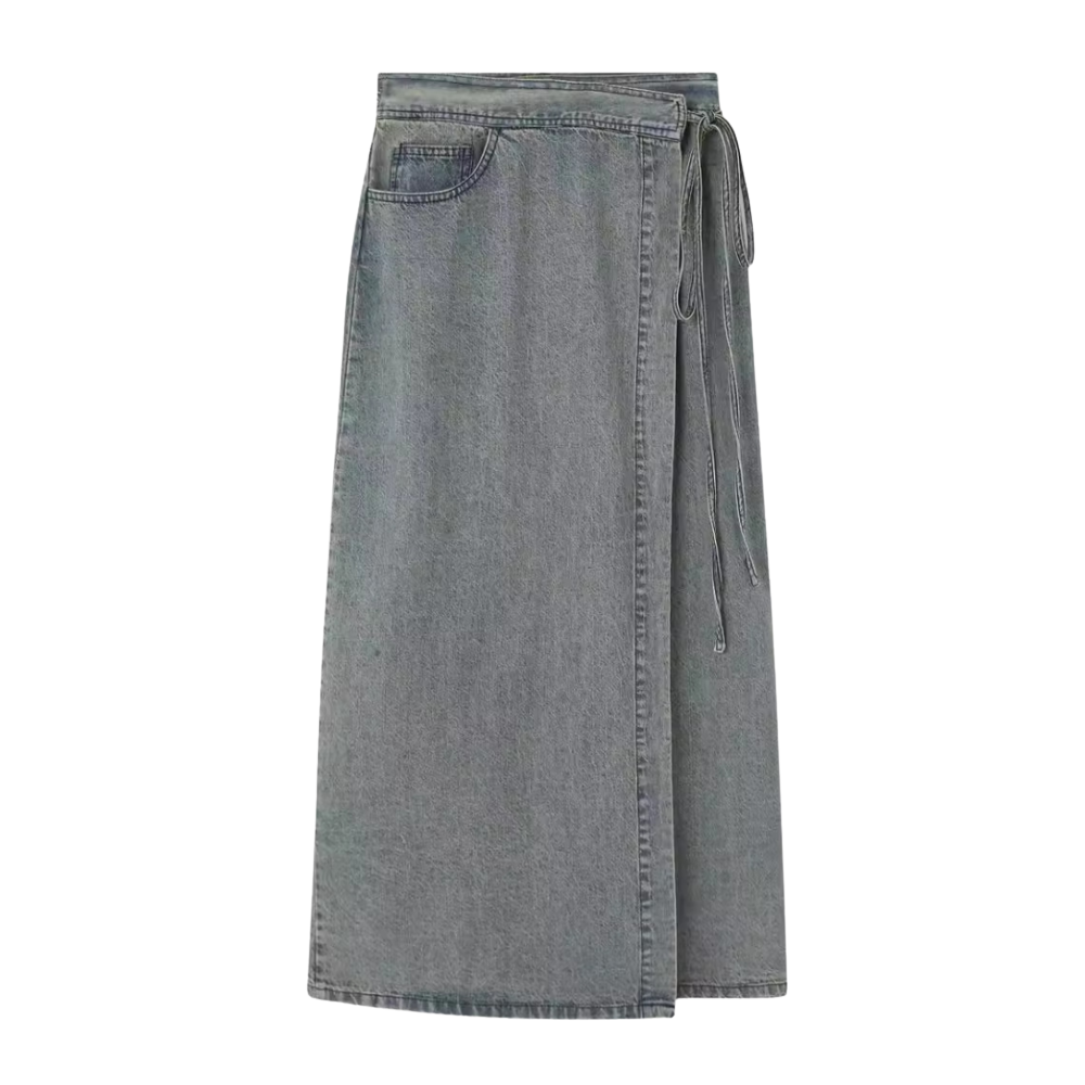 Women’s Vintage Wash Denim Maxi Wrap Skirt with Tie Waist and Pocket