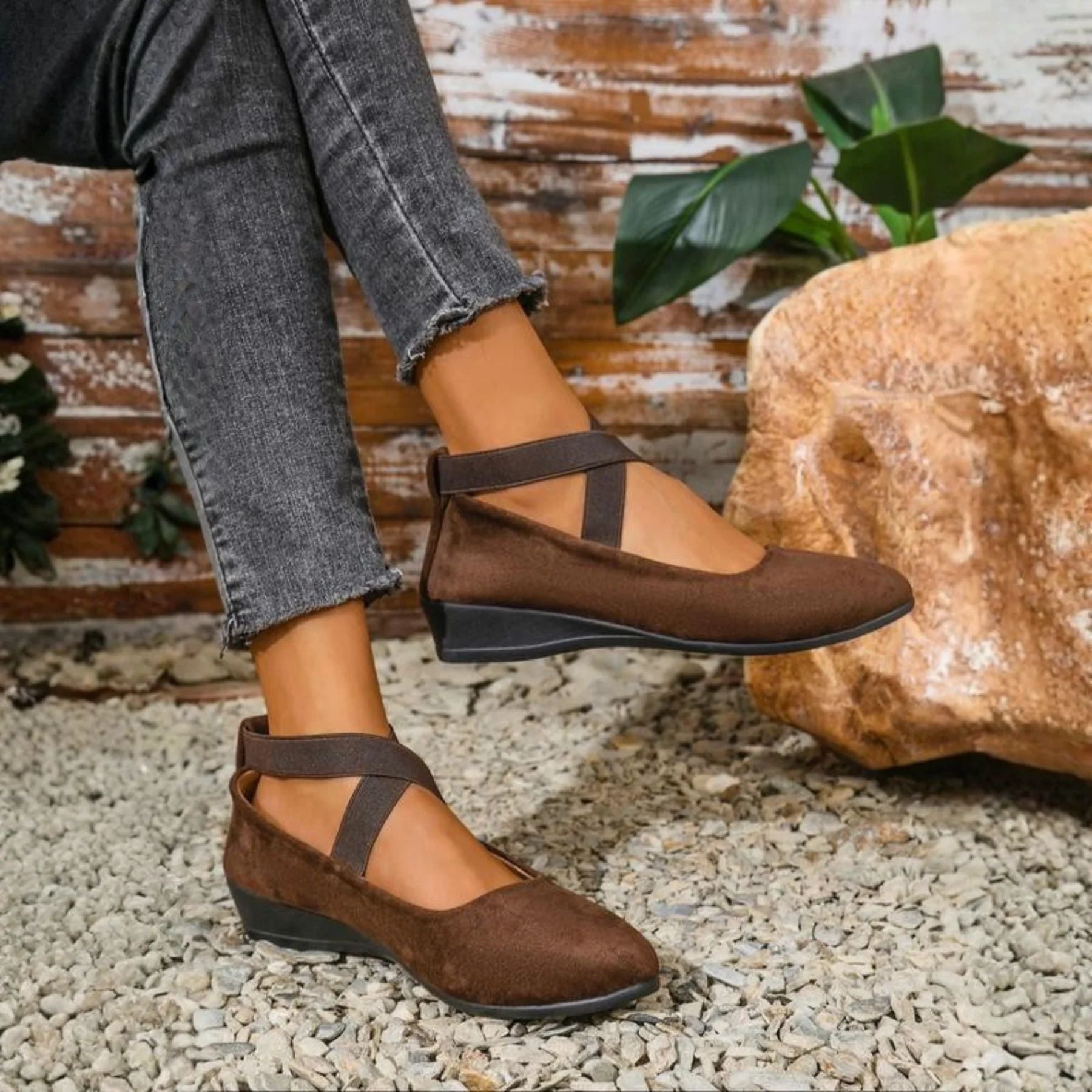 Women’s Wedge Heel Ballet Flats with Elastic Crossover Straps