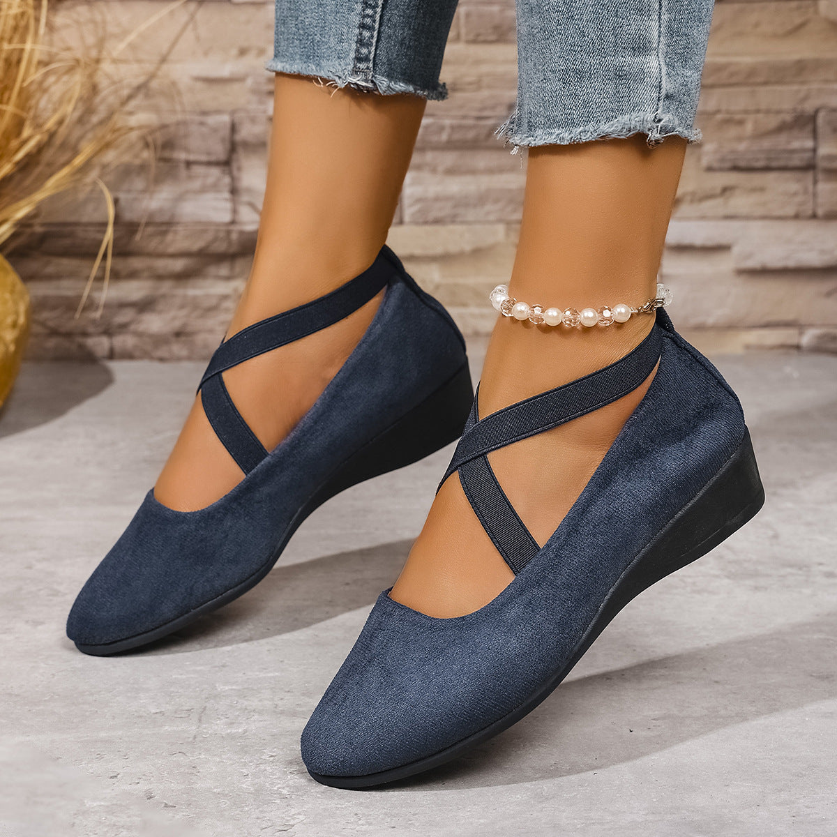 Women’s Wedge Heel Ballet Flats with Elastic Crossover Straps