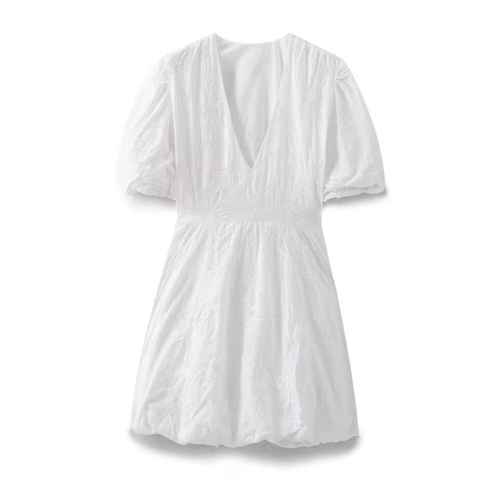 Women’s White Floral Mini Dress with Puff Sleeves and V Neck