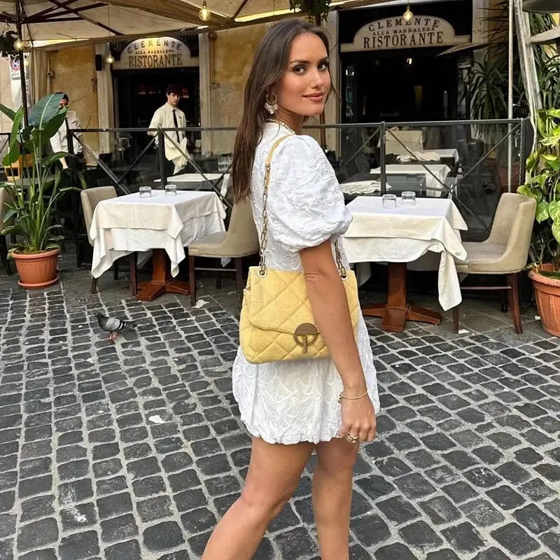 Women’s White Floral Mini Dress with Puff Sleeves and V Neck