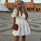 Women’s White Floral Mini Dress with Puff Sleeves and V Neck