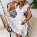 Women’s White Flowy Mini Dress with V Neck and Ruffle Sleeves