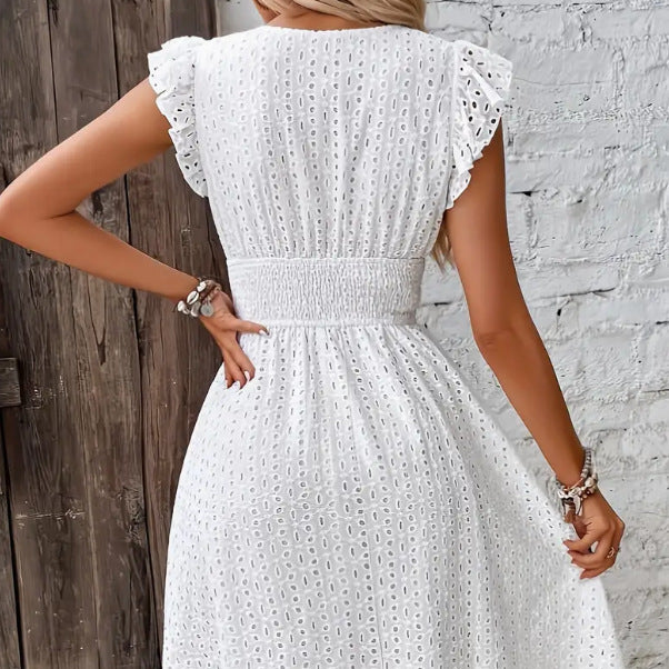 Women’s White Flowy Mini Dress with V Neck and Ruffle Sleeves