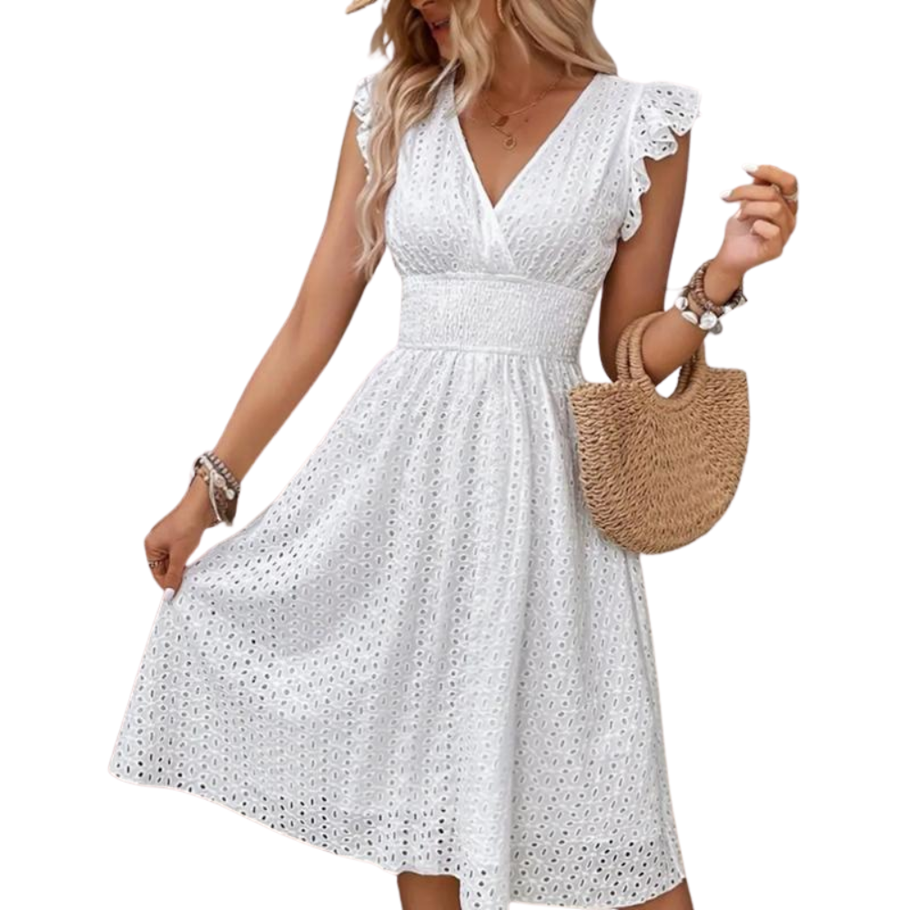 Women’s White Flowy Mini Dress with V Neck and Ruffle Sleeves