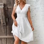 Women’s White Flowy Mini Dress with V Neck and Ruffle Sleeves