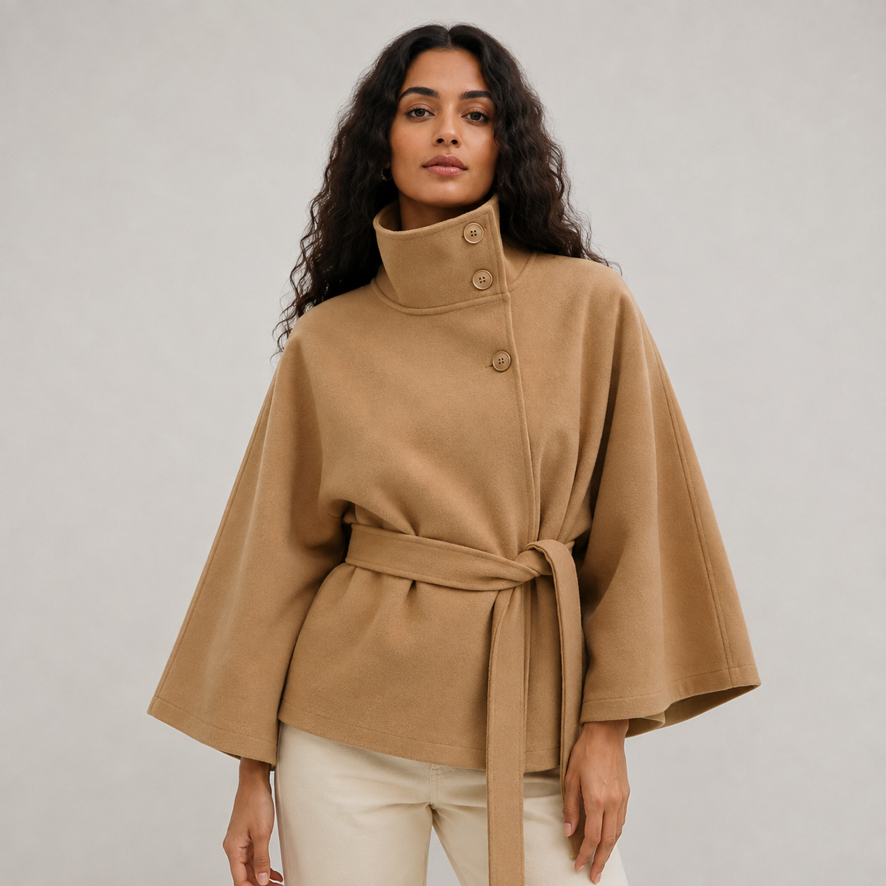 Women’s Winter Cape Jacket with High Collar and Belt