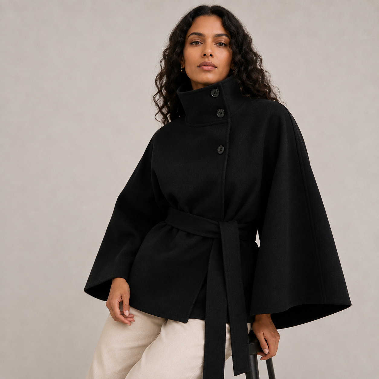 Women’s Winter Cape Jacket with High Collar and Belt