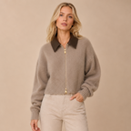 Women’s Winter Knitted Cropped Zip Jacket with Contrast Collar