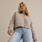 Women’s Winter Knitted Cropped Zip Jacket with Contrast Collar