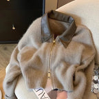 Women’s Winter Knitted Cropped Zip Jacket with Contrast Collar