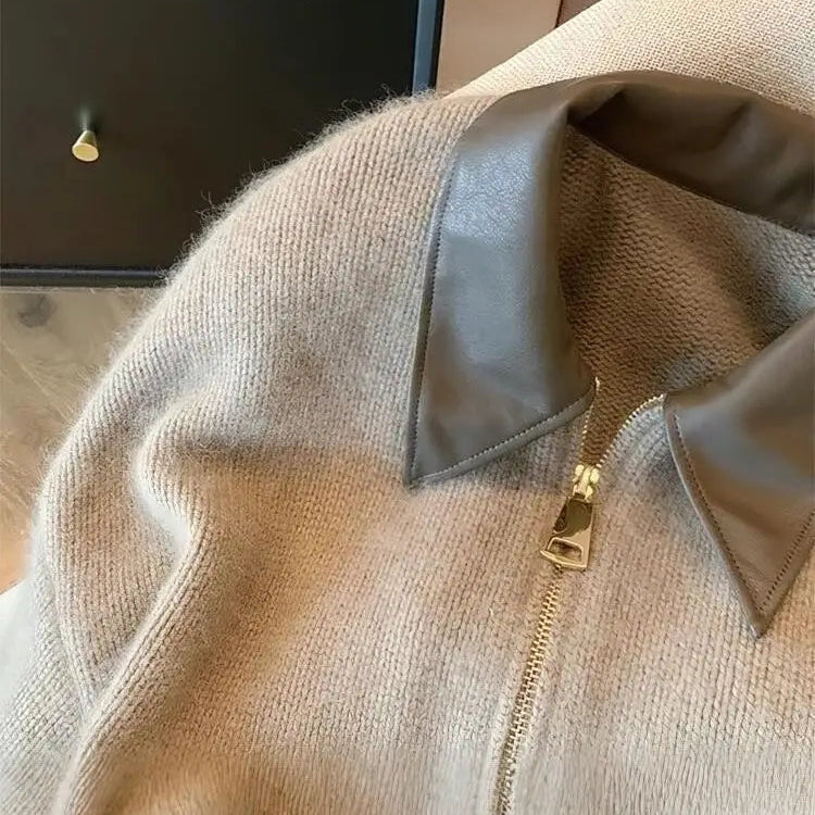 Women’s Winter Knitted Cropped Zip Jacket with Contrast Collar