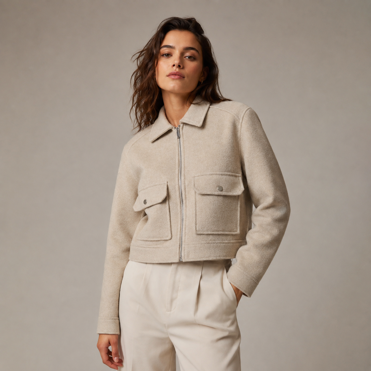 Women’s Winter Textured Zip Short Jacket with Front Pockets