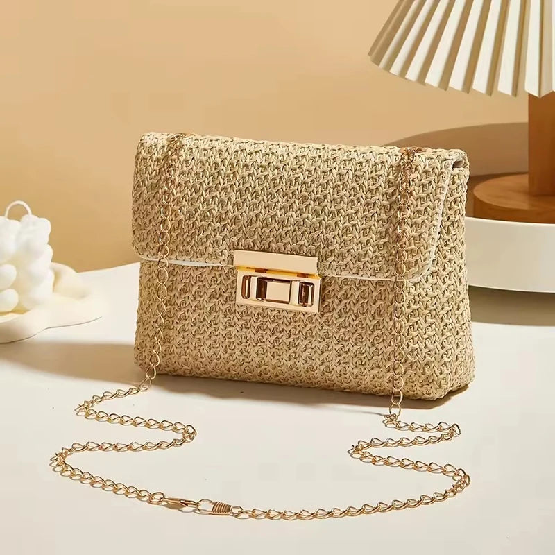 Women’s Woven Crossbody Shoulder Bag with Chain Strap