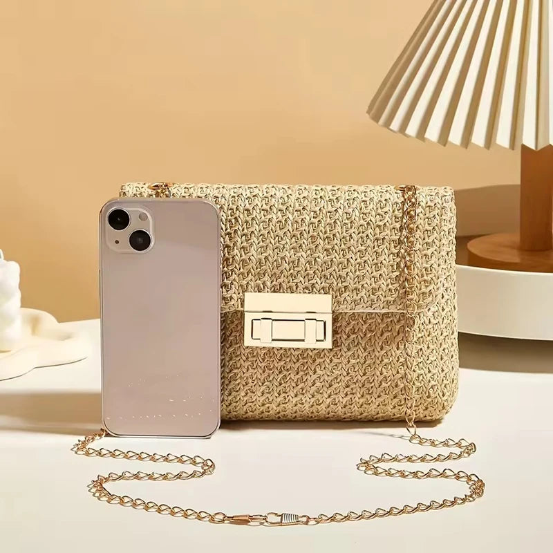 Women’s Woven Crossbody Shoulder Bag with Chain Strap